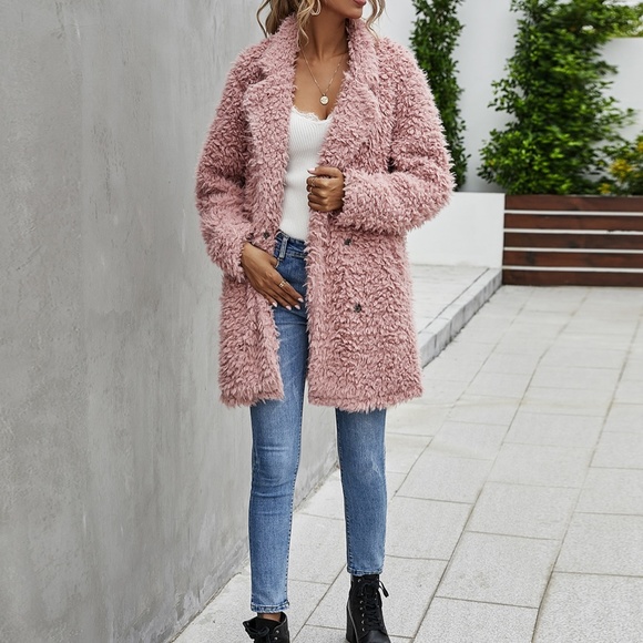 Oversized Pink fuzzy teddy jacket Trench coat Comfy - Picture 3 of 6
